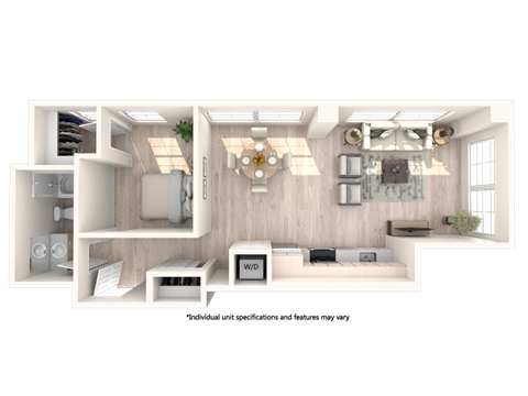 Floor plan for 1 bed, 1 bath, 689 sqft